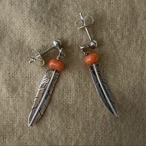 2 for $30 | sterling Silver Feather Earrings w/ Orange Beads | Navajo Nation